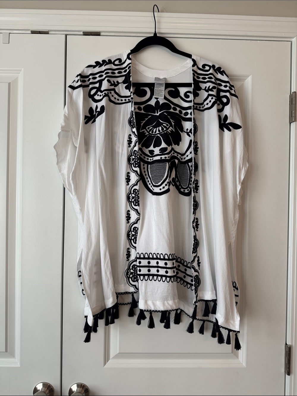 Chico's White Kimono Cardigan with Black Floral & Tassel Trim